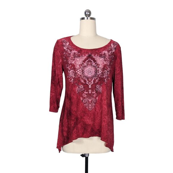 Vintage Y2K Top Fairy Whimsigoth Floral Rhinestone Sharkbite Knit Stretch Red L - Picture 1 of 12